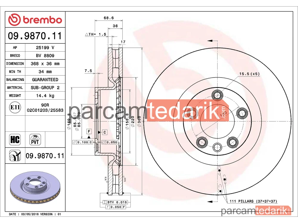 BREMBO 09987011 | Fren Diski (Ön, 368x36 mm, 5×130) — VW Touareg, Porsche Cayenne