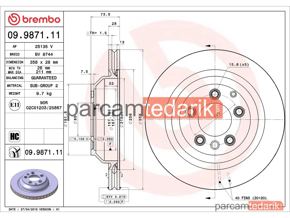 BREMBO 09987111 | Fren Diski (Arka, 358x28 mm, 5×130) — Porsche Cayenne, Audi Q7, VW Touareg