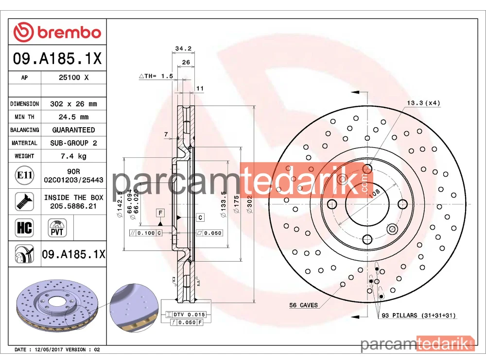 BREMBO 09A1851X | Fren Diski (Ön, Xtra) — Peugeot 208 I, Citroen DS5, Peugeot 208 II
