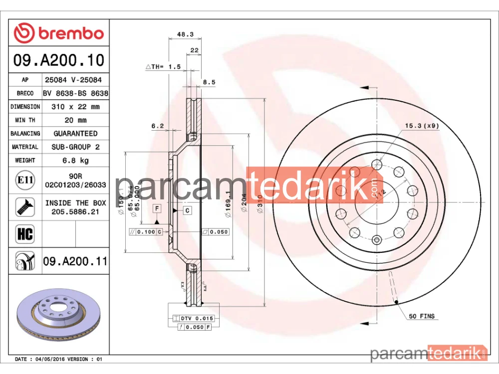 BREMBO 09A20011 | Fren Diski (Arka, 310x22 mm, 5×112) — Audi A3, Audi A3 Limousine, VW Golf VII