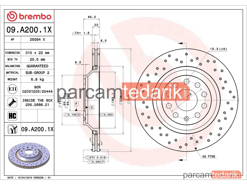 BREMBO 09A2001X | Fren Diski (Arka, Delikli, 310x22 mm, 5×112) — Audi A3, Audi A3 Limousine, VW Golf VII