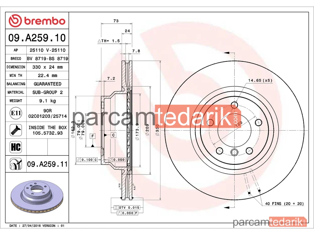 BREMBO 09A25911 | Fren Diski (Ön) — BMW 3 Touring, BMW 3 Coupe, BMW 3