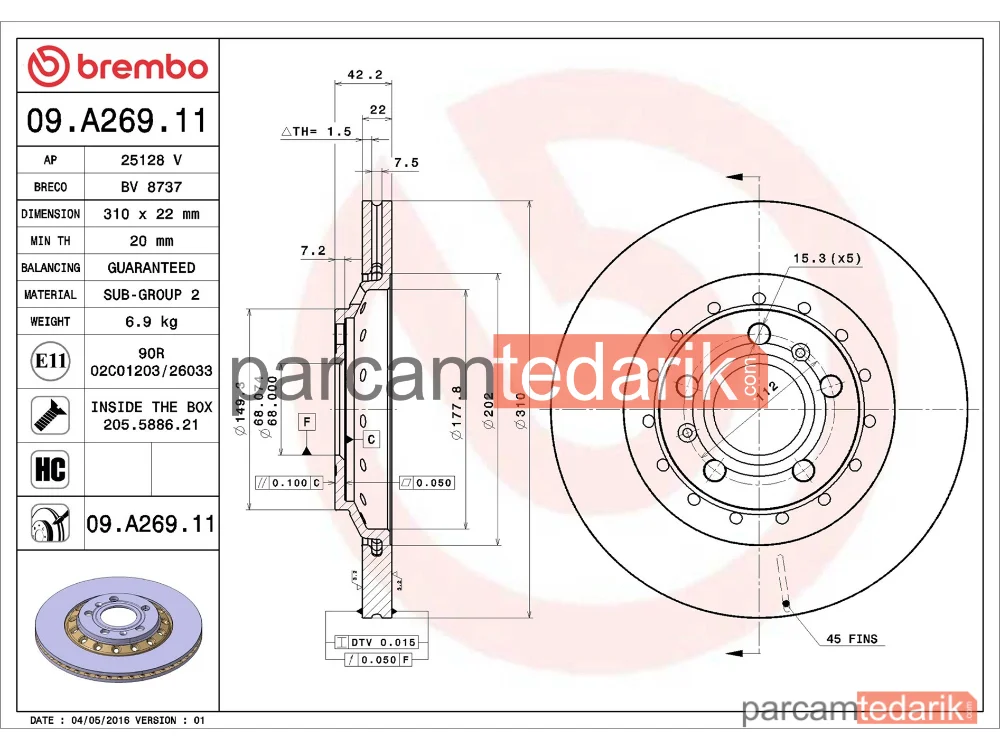 BREMBO 09A26911 | Fren Diski (Arka, 310 mm) — VW Phaeton, Audi A8 D3, Audi A8 D2