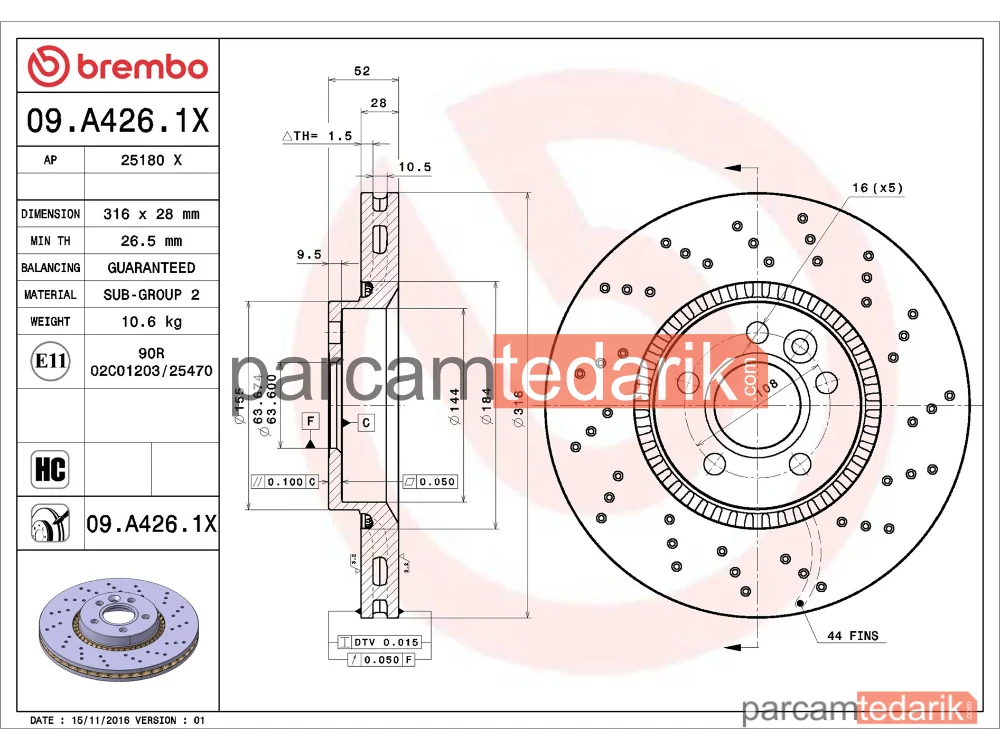 BREMBO 09A4261X | Fren Diski (Ön, Delikli, Max) — Volvo V60 I, Volvo V70 III, Volvo S80 II