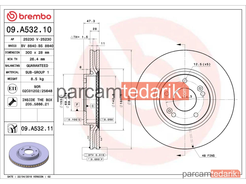 BREMBO 09A53211 | Fren Diski (Ön) — Hyundai ix35, Hyundai Sonata V, Hyundai i40 I CW
