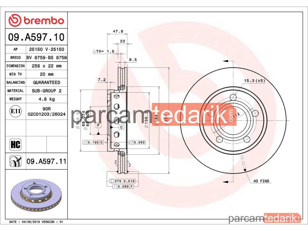 BREMBO 09A59711 | Fren Diski (Arka) — Audi A4 B5, VW Passat B5.5, VW Passat B5.5 Variant