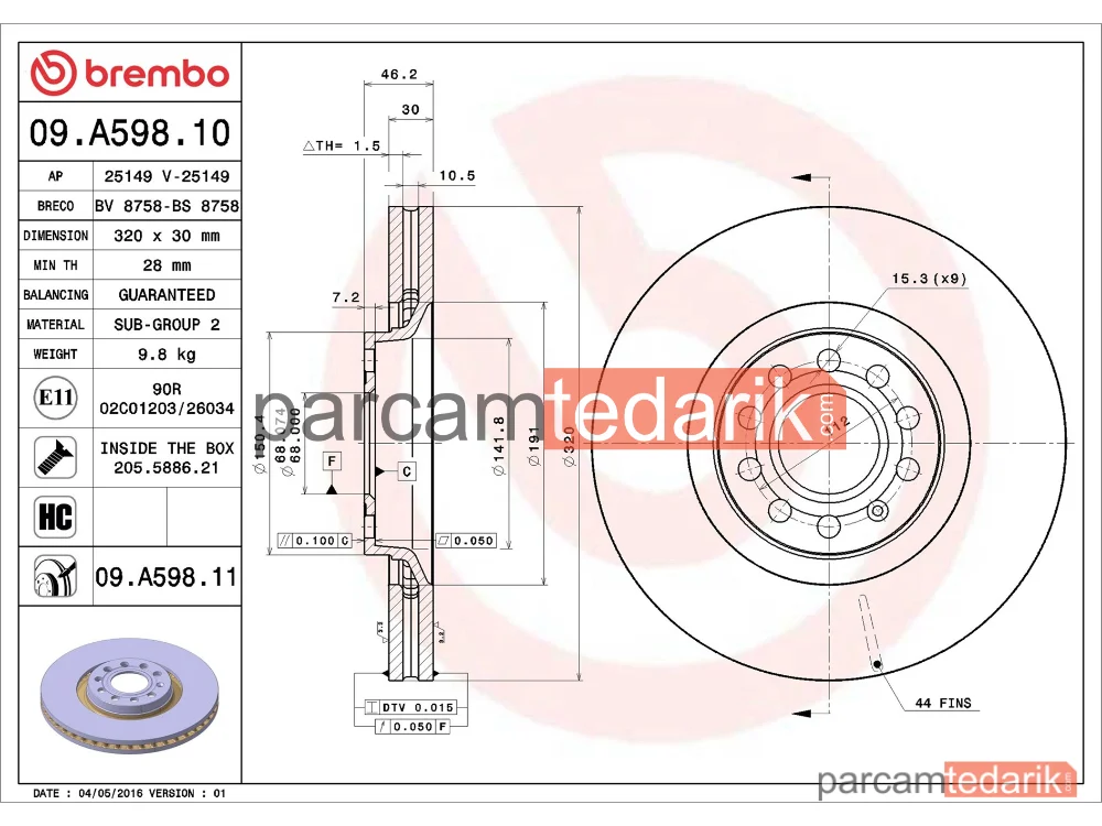 BREMBO 09A59811 | Fren Diski (Ön, 320x30 mm, 5×112) — Audi A4 B7, Audi A4 B7 Cabrio, Audi A6 C5
