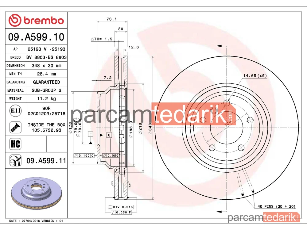 BREMBO 09A59911 | Fren Diski (Ön) — BMW 3 Coupe, BMW 3 Touring, BMW 3