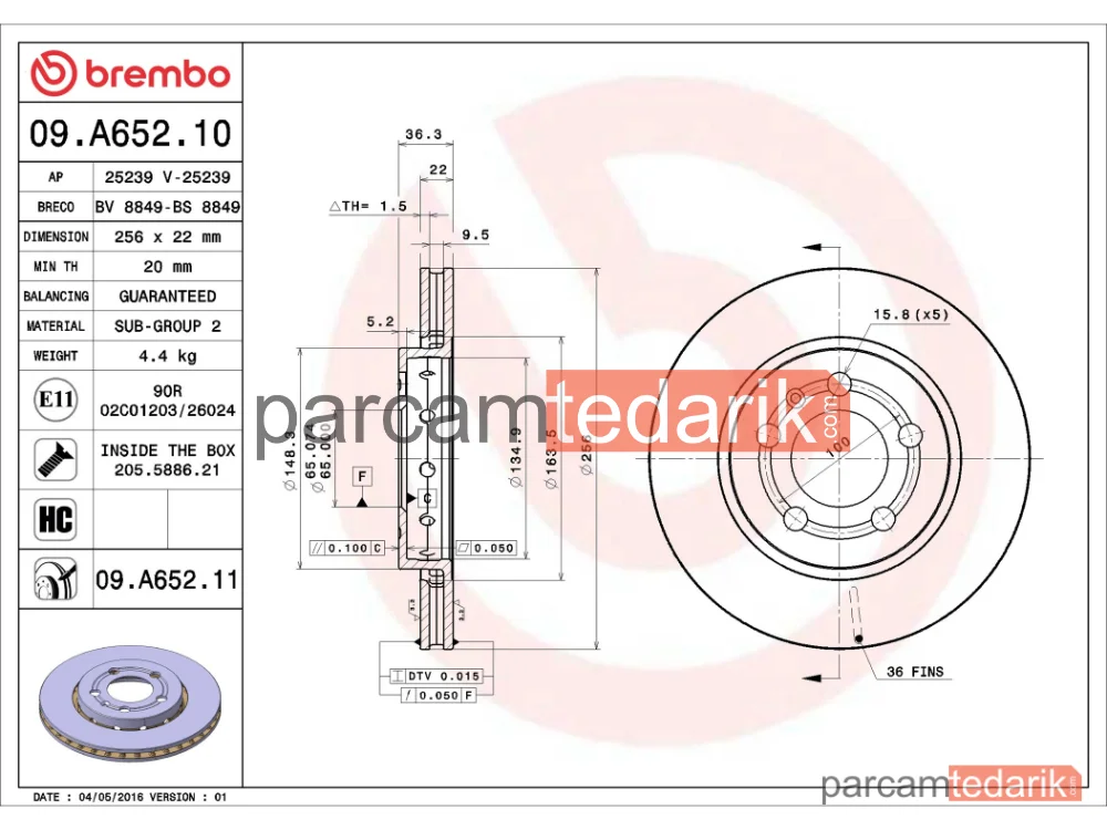 BREMBO 09A65211 | Fren Diski (Arka, 256x22 mm, 5×100) — Seat Leon, VW Bora Variant, VW Golf IV