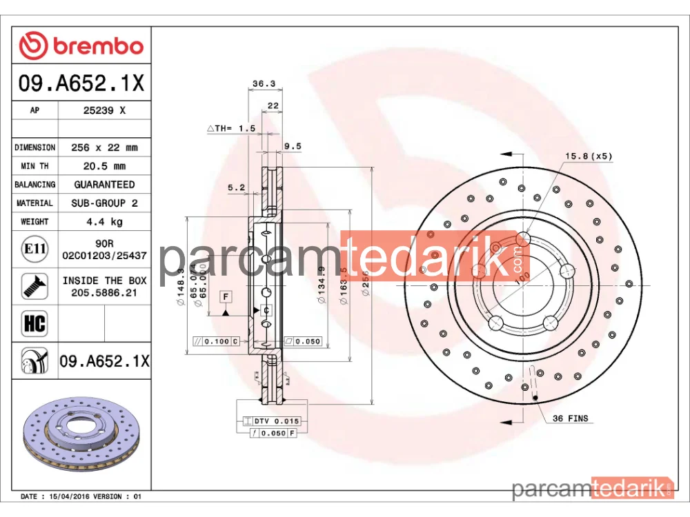 BREMBO 09A6521X | Fren Diski (Arka, Delikli, 256x22 mm, 5×100) — Seat Leon, VW Bora Variant, VW Golf IV