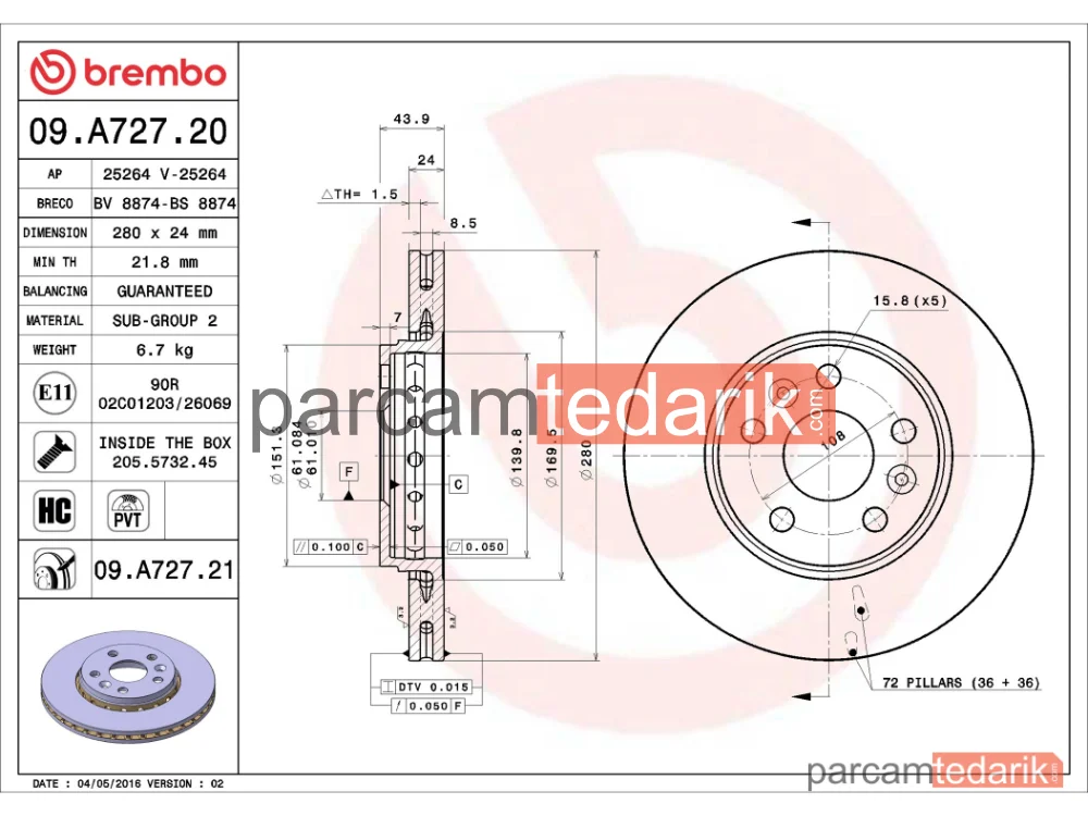 BREMBO 09A72721 | Fren Diski (Ön) — Renault Kangoo Express, Renault Kangoo / Grand Kangoo II