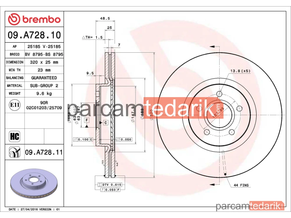 BREMBO 09A72811 | Fren Diski (Ön) — Volvo V50, Volvo S40 II, Volvo C30