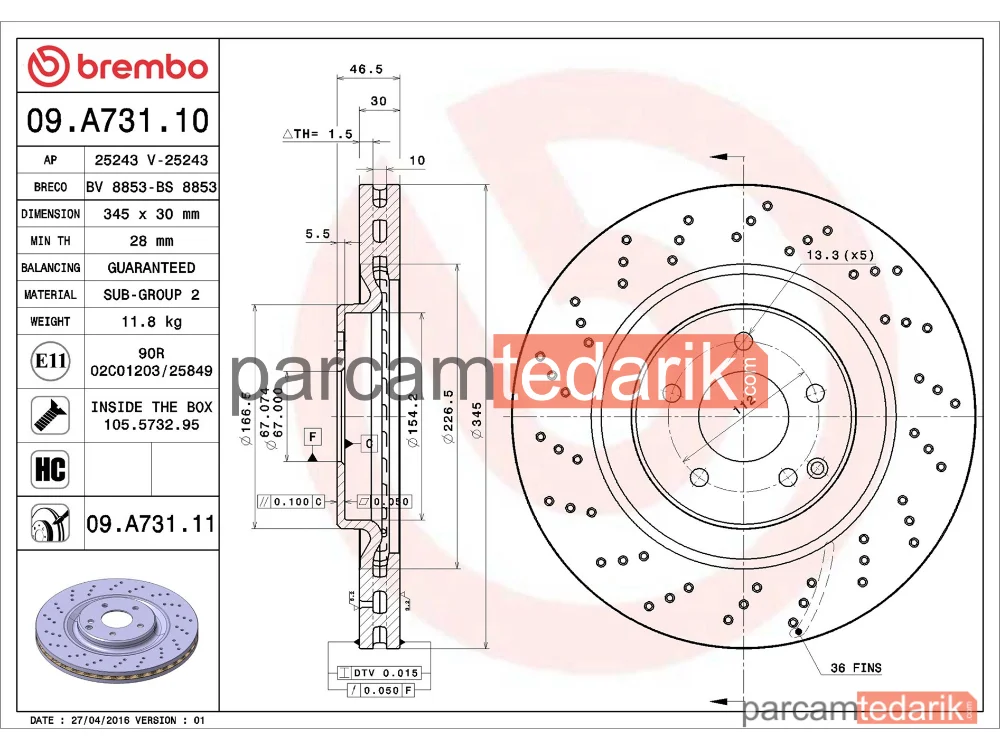 BREMBO 09A73111 | Fren Diski (Ön) — Mercedes-Benz C-Serisi, Mercedes-Benz C-Serisi Coupe