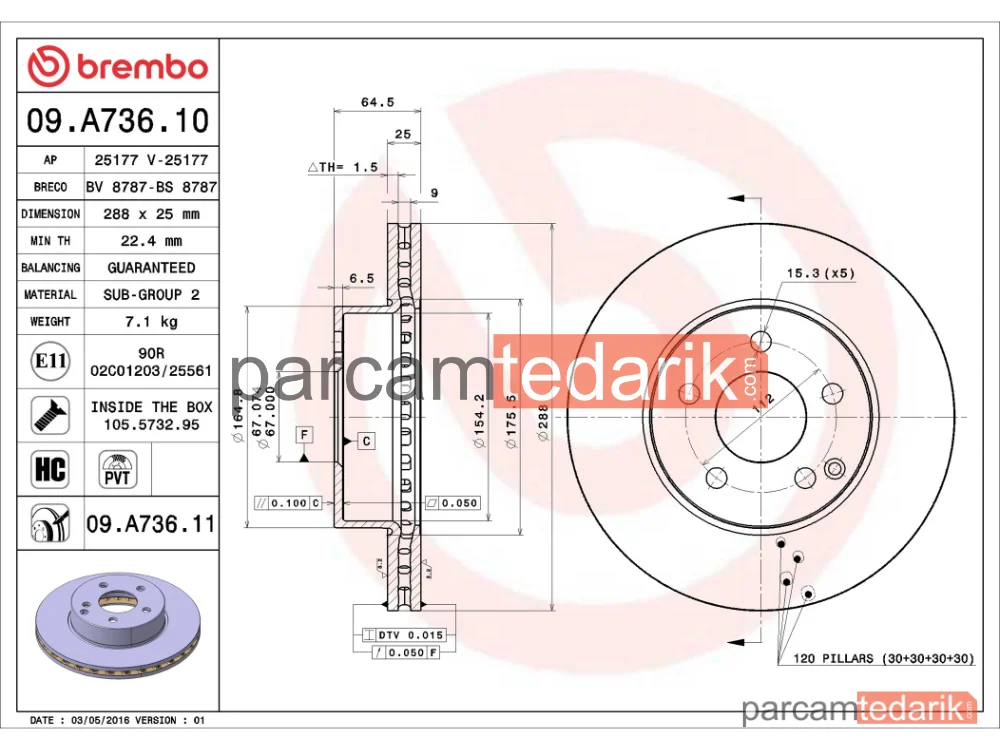 BREMBO 09A73610 | Fren Diski (Ön) — Mercedes-Benz C-Serisi T-Model, Mercedes-Benz C-Serisi