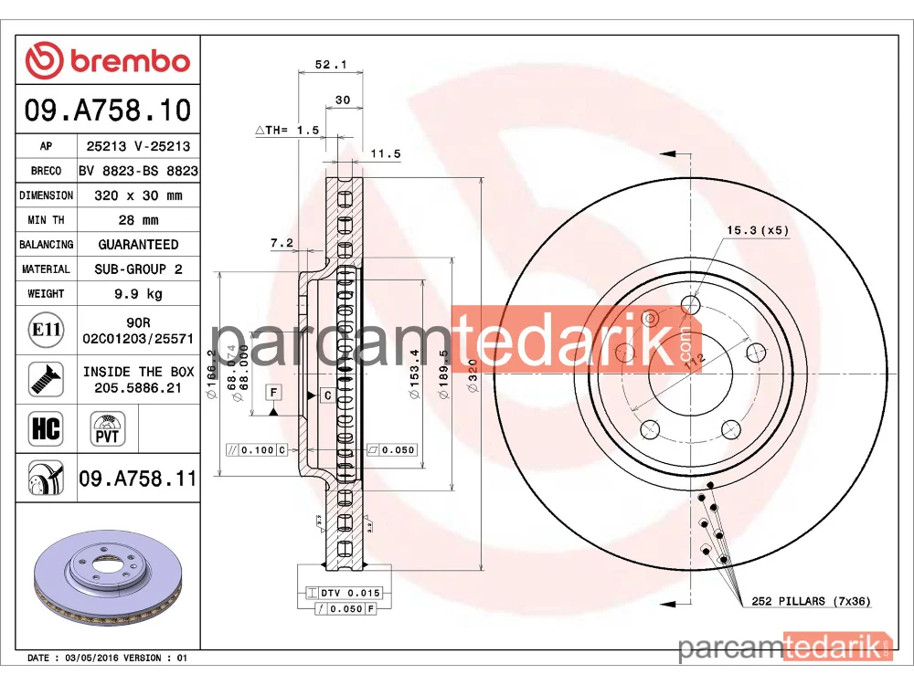 BREMBO 09A75811 | Fren Diski (Ön, 320x30 mm, 5×112) — Audi A4 B8, Audi A5, Audi A5 Cabrio