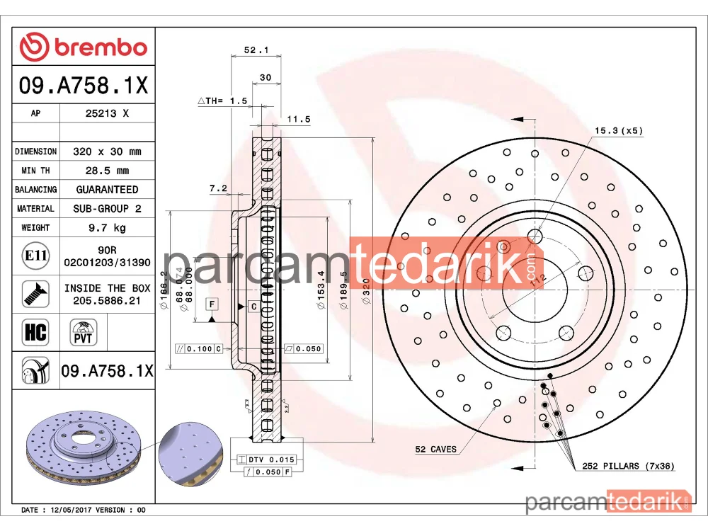 BREMBO 09A7581X | Fren Diski (Ön, Delikli, 320x30 mm, 5×112) — Audi A4 B8, Audi A5, Audi A5 Cabrio