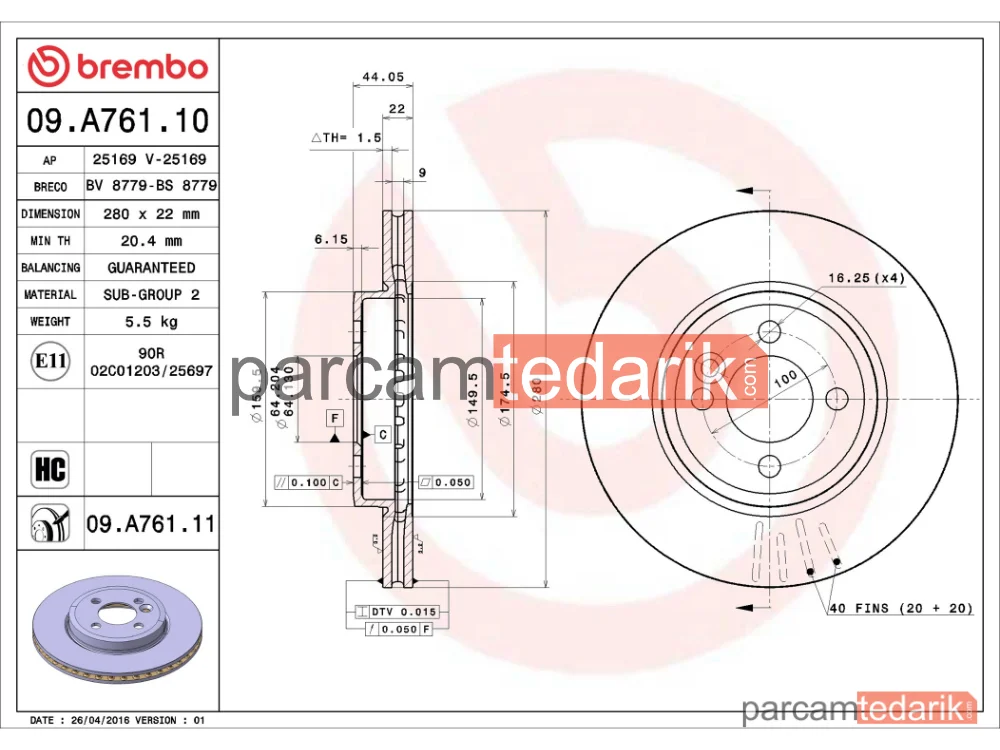 BREMBO 09A76111 | Fren Diski (Ön) — Mini, Mini Clubman, Mini Cabrio