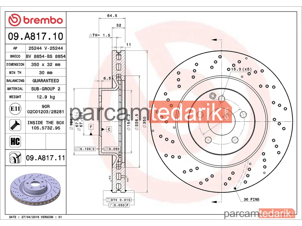 BREMBO 09A81711 | Fren Diski (Ön, Delikli) — Mercedes-Benz S-Serisi, Mercedes-Benz S-Serisi Coupe, Mercedes-Benz SL