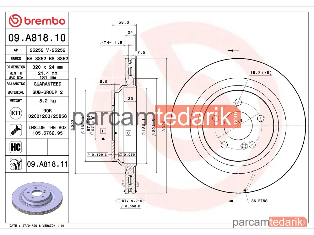 BREMBO 09A81811 | Fren Diski (Arka) — Mercedes-Benz S-Serisi, Mercedes-Benz S-Serisi Coupe, Mercedes-Benz SL