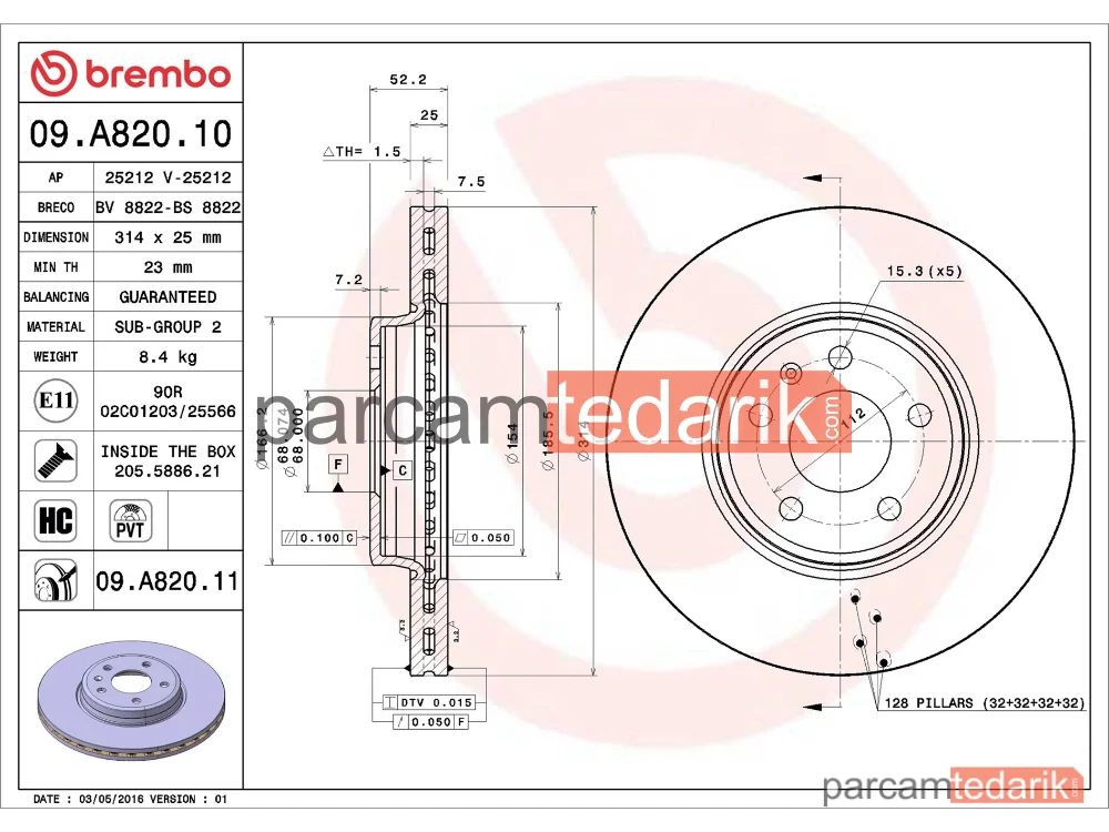 BREMBO 09A82010 | Fren Diski (Ön, 314x25 mm, 5×112) — Audi A5, Audi A5 Cabrio, Audi A4 B9