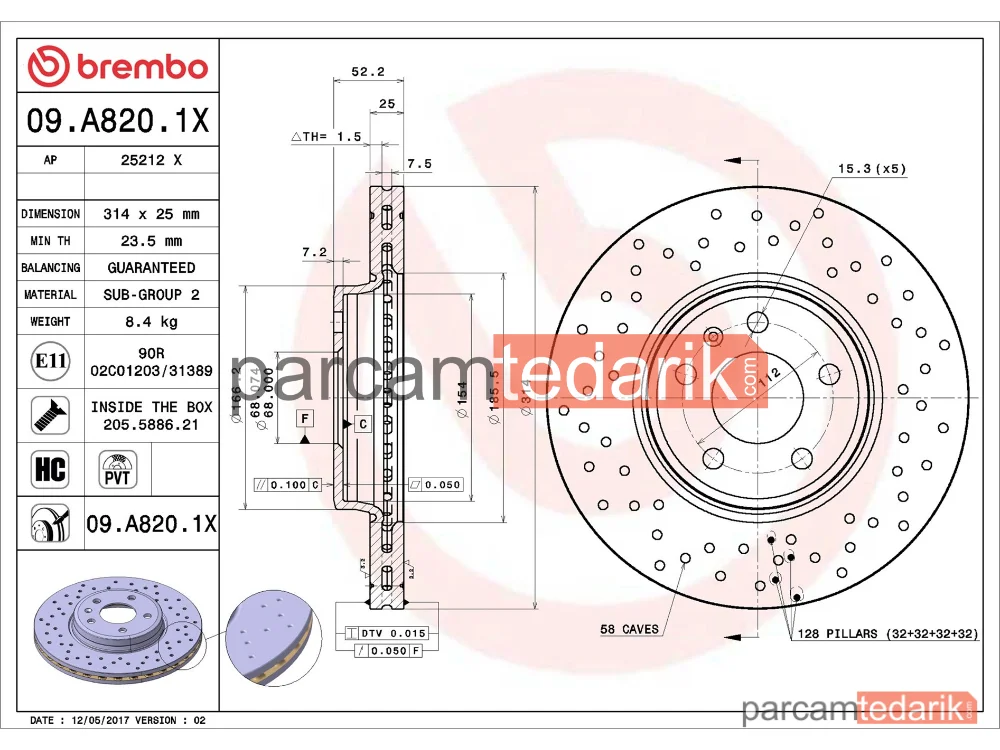 BREMBO 09A8201X | Fren Diski (Ön, Delikli, 314x25 mm, 5×112) — Audi A5, Audi A5 Cabrio, Audi A4 B9
