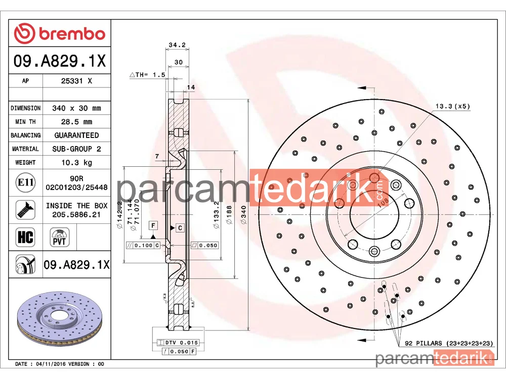 BREMBO 09A8291X | Fren Diski (Ön, Delikli)
