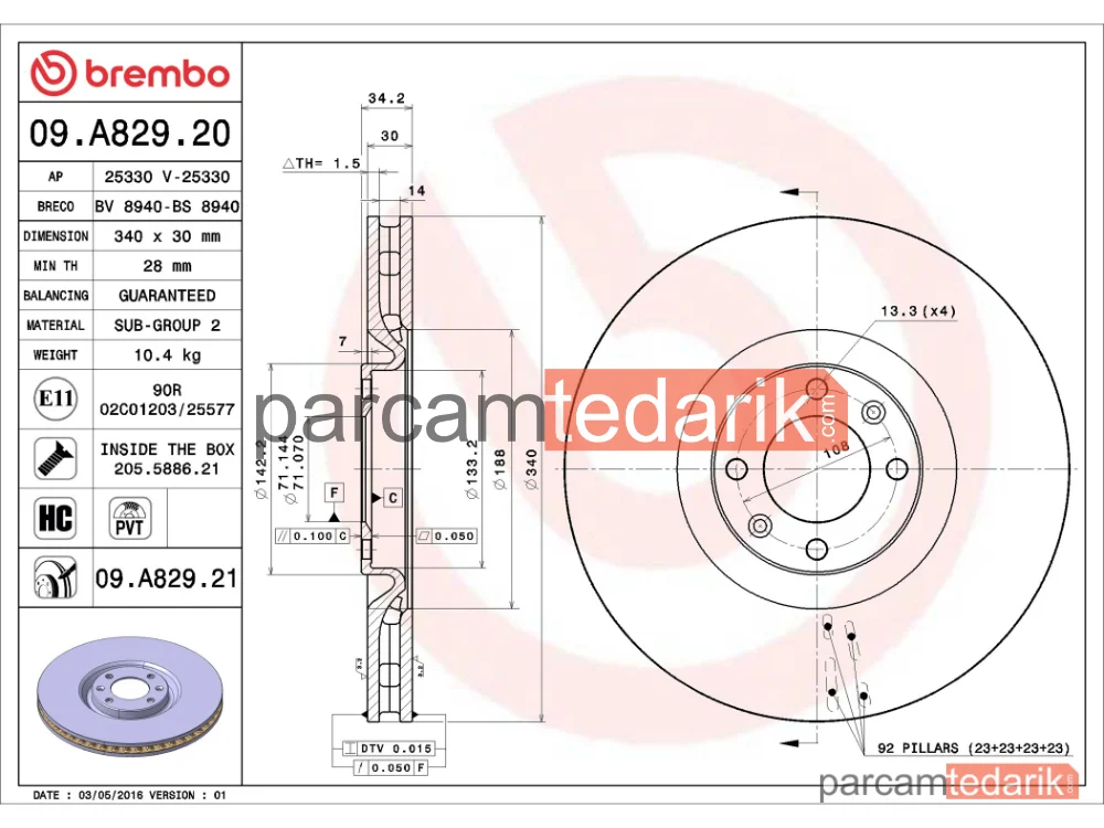 BREMBO 09A82921 | Fren Diski (Ön, 340 mm) — Citroen DS5, DS 5, Citroen DS4