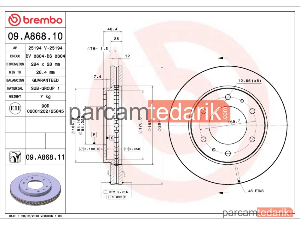 BREMBO 09A86810 | Fren Diski (Ön) — Mitsubishi L200 / Triton, Fiat Fullback Pick-Up