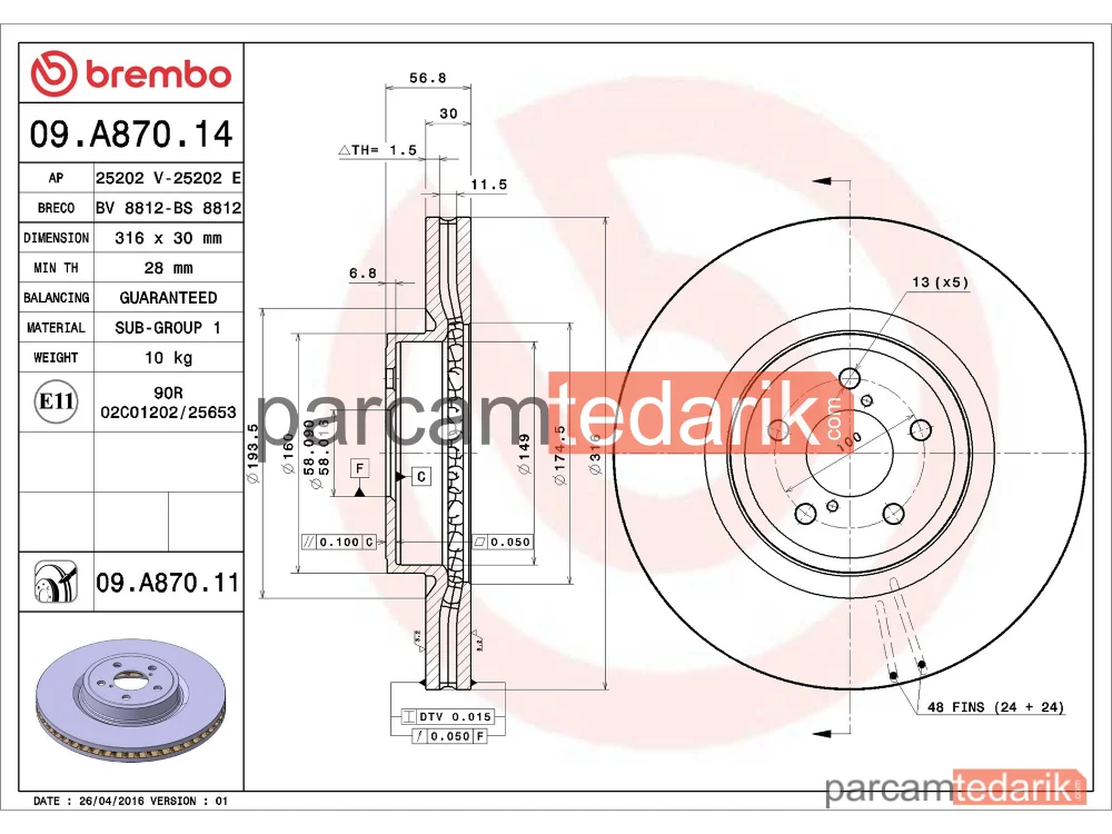 BREMBO 09A87014 | Fren Diski (Ön) — Subaru Legacy IV, Subaru Outback