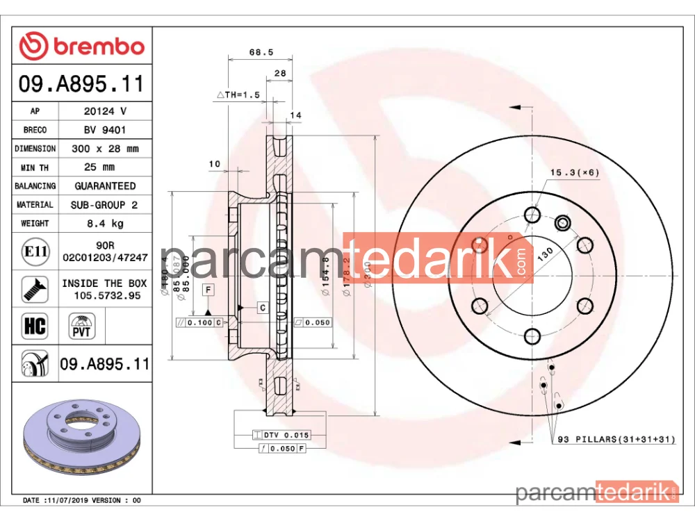 BREMBO 09A89511 | Fren Diski (Ön) — Mercedes-Benz Sprinter 3,5-t, Mercedes-Benz Sprinter 3-t