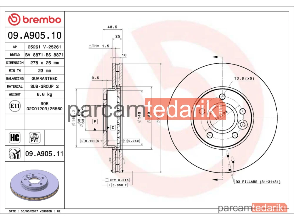 BREMBO 09A90510 | Fren Diski (Ön, 278 mm, Max) — Ford Focus III, Volvo V50, Volvo S40 II