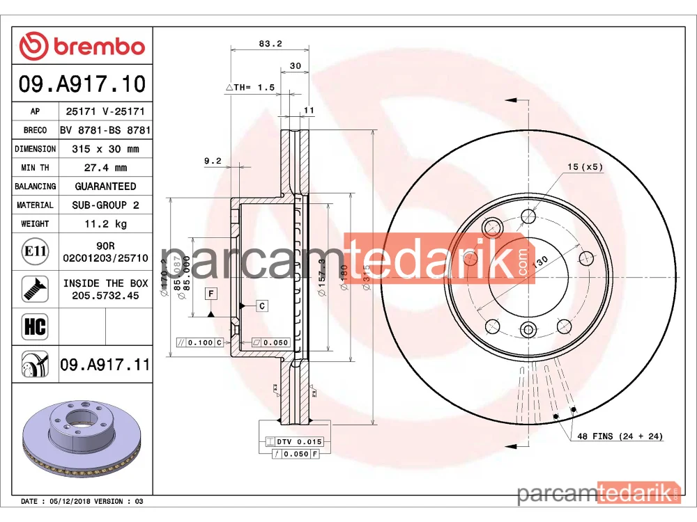 BREMBO 09A91711 | Fren Diski (Ön) — Mercedes-Benz G-Serisi, Mercedes-Benz G-Serisi Cabrio, Puch G-Modell