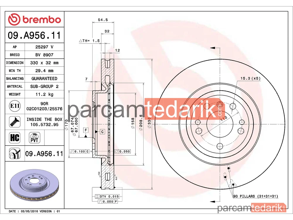 BREMBO 09A95611 | Fren Diski (Ön) — Mercedes-Benz Gle, Mercedes-Benz M-Serisi, Mercedes-Benz Gle Coupe
