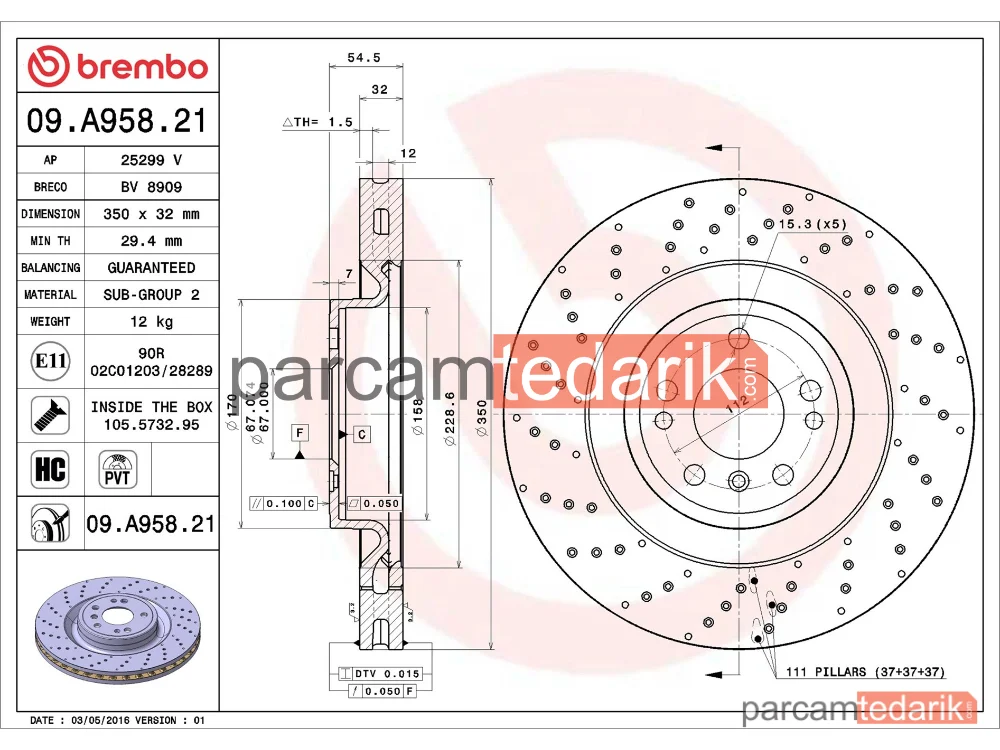 BREMBO 09A95821 | Fren Diski (Ön, Delikli) — Mercedes-Benz Gle, Mercedes-Benz M-Serisi, Mercedes-Benz Gle Coupe