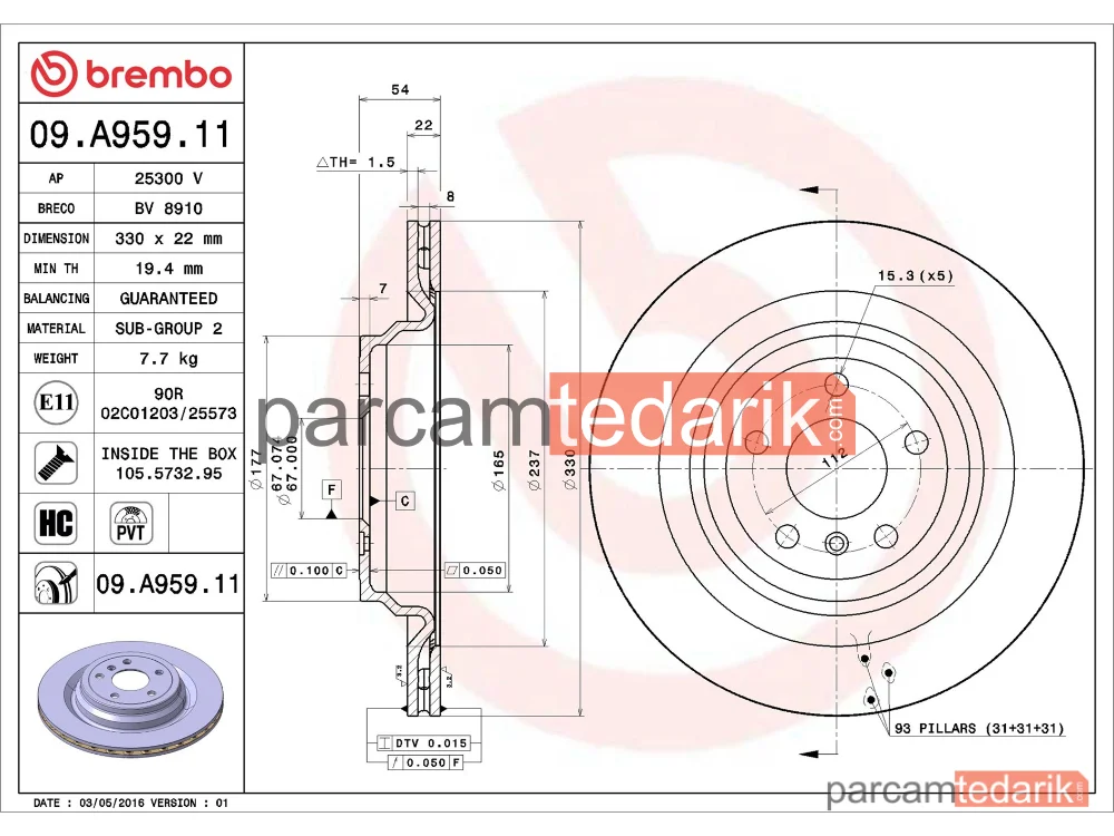 BREMBO 09A95911 | Fren Diski (Arka) — Mercedes-Benz Gle Coupe, Mercedes-Benz Gle, Mercedes-Benz M-Serisi
