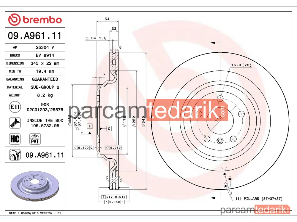 BREMBO 09A96111 | Fren Diski (Arka) — Mercedes-Benz Gle, Mercedes-Benz M-Serisi, Mercedes-Benz Gle Coupe