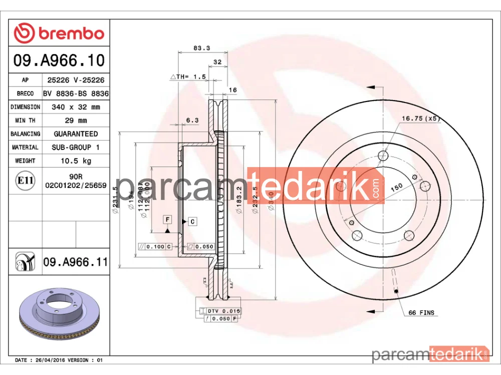 BREMBO 09A96611 | Fren Diski (Ön) — Toyota Land Cruiser 200