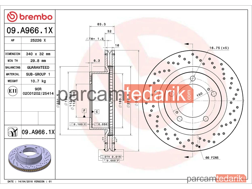 BREMBO 09A9661X | Fren Diski (Ön, 340 mm) — Toyota Land Cruiser 200