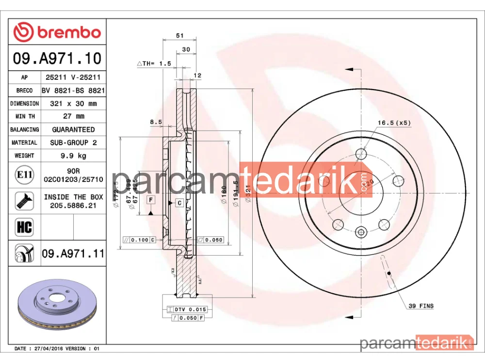 BREMBO 09A97111 | Fren Diski (Ön, 27 mm) — Opel Insignia A, Opel Insignia A Country Tourer, MG Marvel R