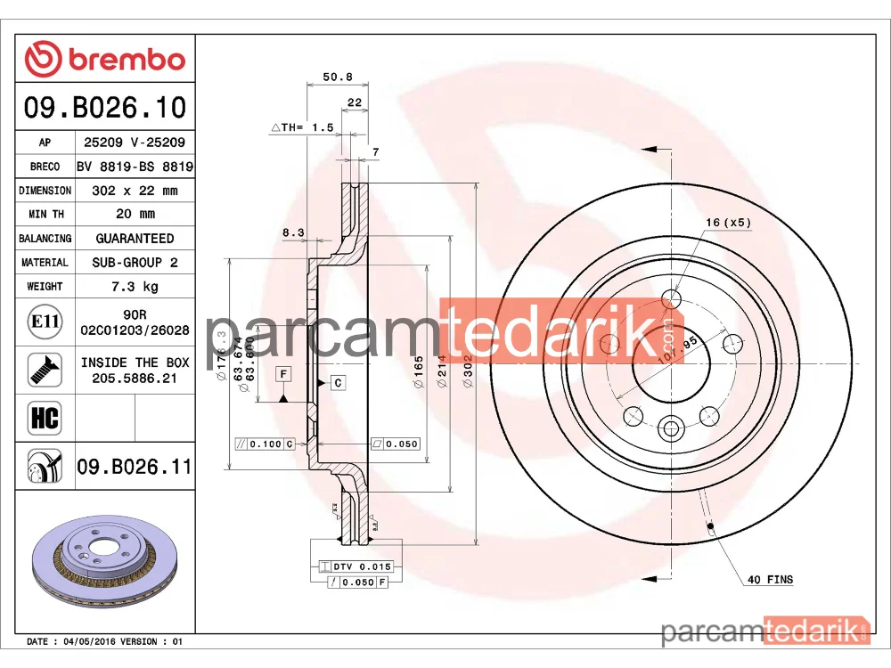 BREMBO 09B02611 | Fren Diski (Arka) — Volvo XC60 I Suv, Volvo XC60 I