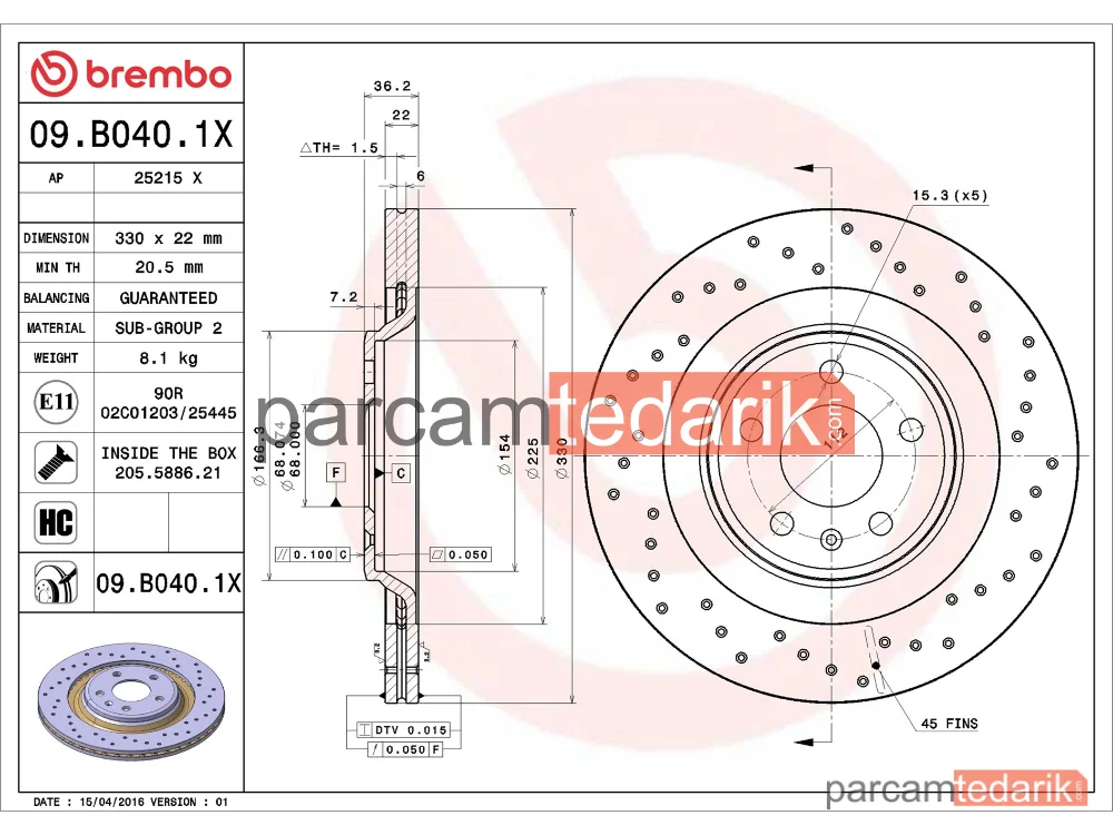 BREMBO 09B0401X | Fren Diski (Arka, Delikli, 330x22 mm, 5×112) — Audi Q5, Audi A4 B8, Audi A5
