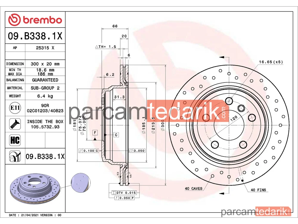 BREMBO 09B3381X | Fren Diski (Arka, Delikli) — BMW 4 Gran Coupe, BMW 3, BMW 3 Touring