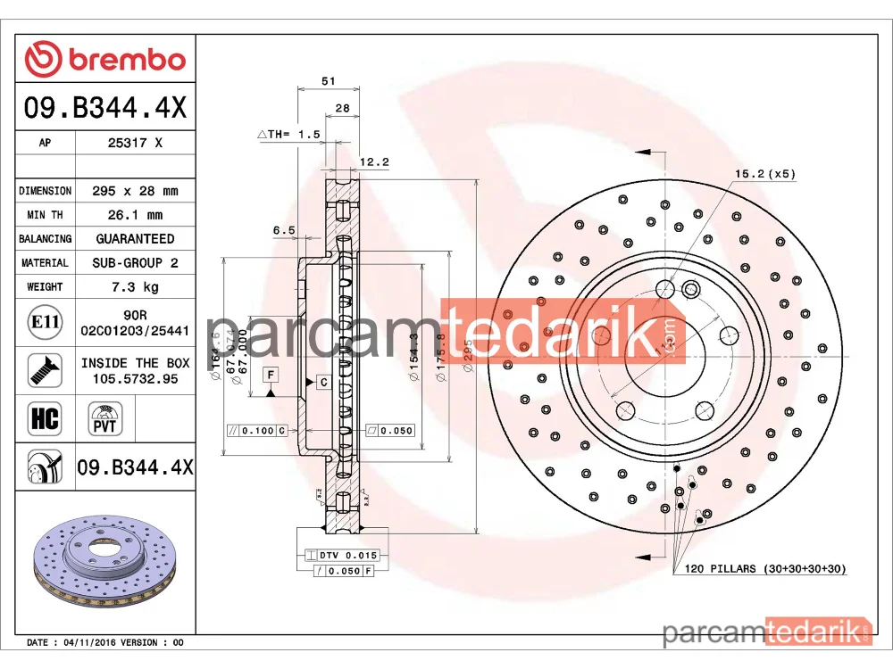 BREMBO 09B3444X | Fren Diski (Ön, Delikli) — Mercedes-Benz B-Serisi, Mercedes-Benz A-Serisi