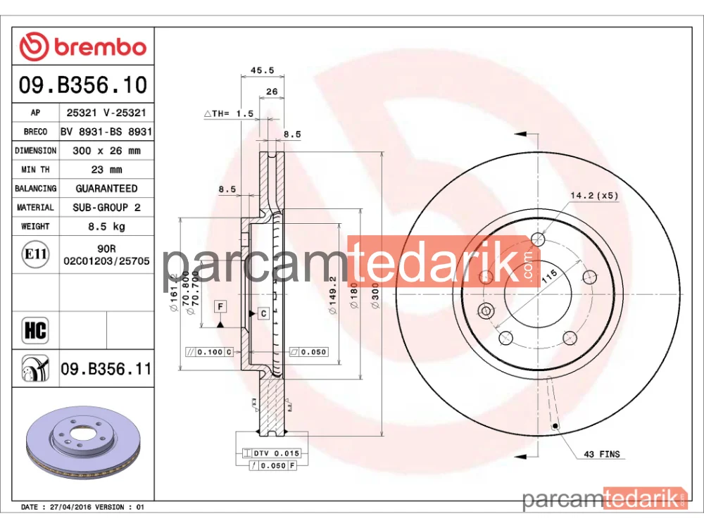 BREMBO 09B35611 | Fren Diski (Ön, 300 mm) — Opel Zafira Tourer C, Opel Astra J, Chevrolet Cruze