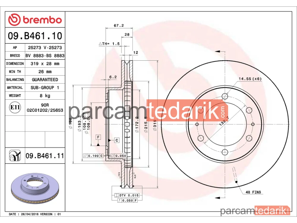 BREMBO 09B46111 | Fren Diski — Toyota Hilux VIII Pick-Up, Toyota Land Cruiser Prado, Toyota Tacoma Pick-Up