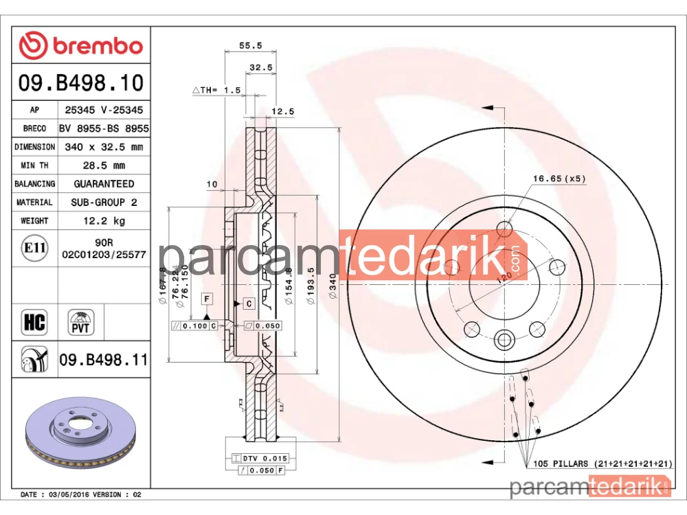 BREMBO 09B49810 | Fren Diski (Ön, 340x32 mm, 5×120) — VW Transporter T6 / Caravelle T6, VW Transporter T6, VW Multivan T6