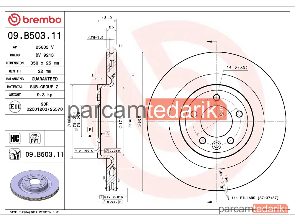 BREMBO 09B50311 | Fren Diski (Arka) — Land Rover Range Rover Sport II, Land Rover Range Rover IV