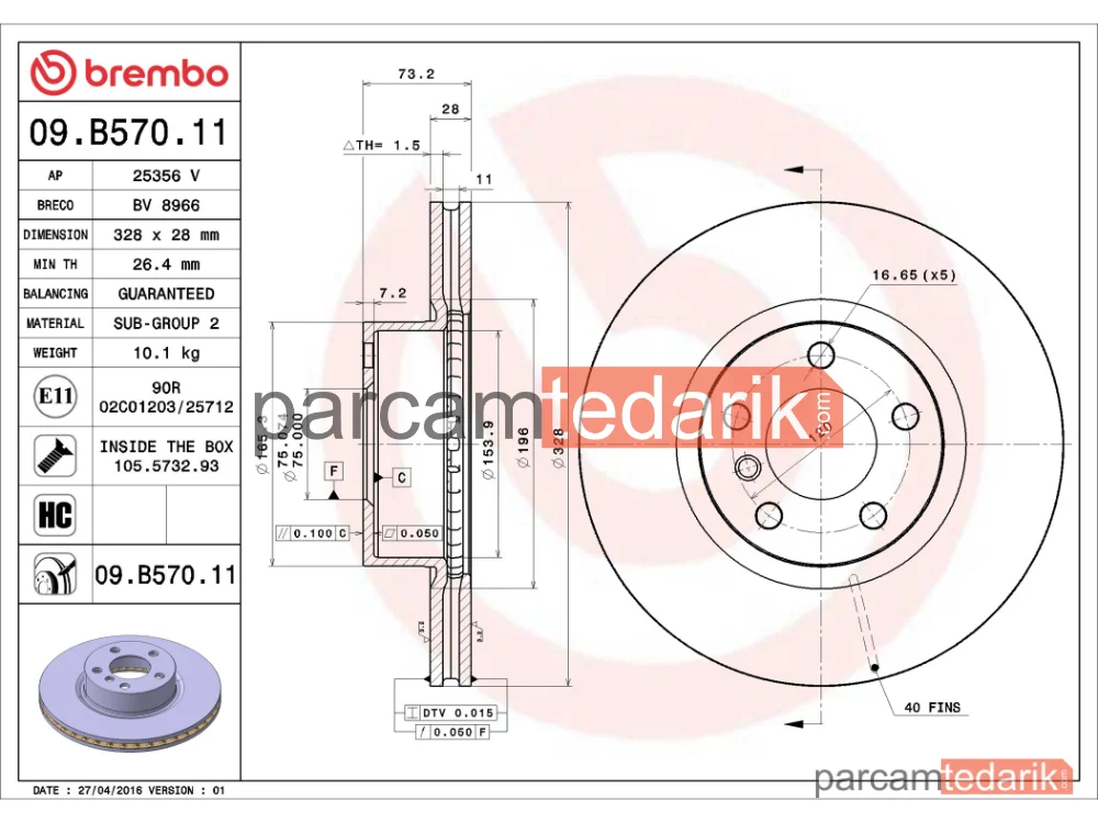 BREMBO 09B57011 | Fren Diski (Ön) — BMW X3, BMW X4