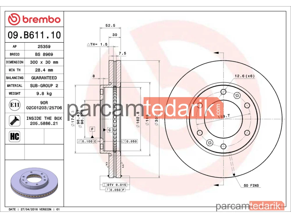 BREMBO 09B61110 | Fren Diski (Ön) — Hyundai H-1 Travel, Hyundai H-1 Cargo