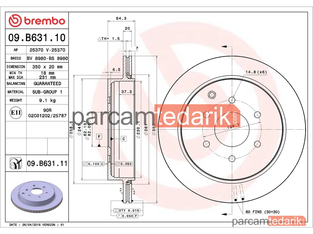 BREMBO 09B63111 | Fren Diski (Arka) — Nissan Patrol VI